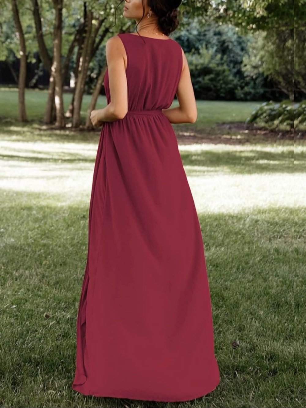 V-Neck Burgundy Maxi Dress with Waist Tie - Picture 3 of 4